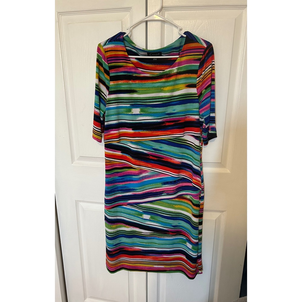 Connected Apparel Multi Color Stripe Tiered Sheath Dress Size 14 Elbow Sleeve